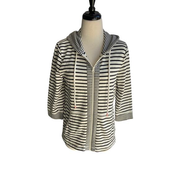 T by Talbots Black/White Stripe 3/4 Sleeve Zip Up Jacket Top w/Hood Size MP - Picture 1 of 7